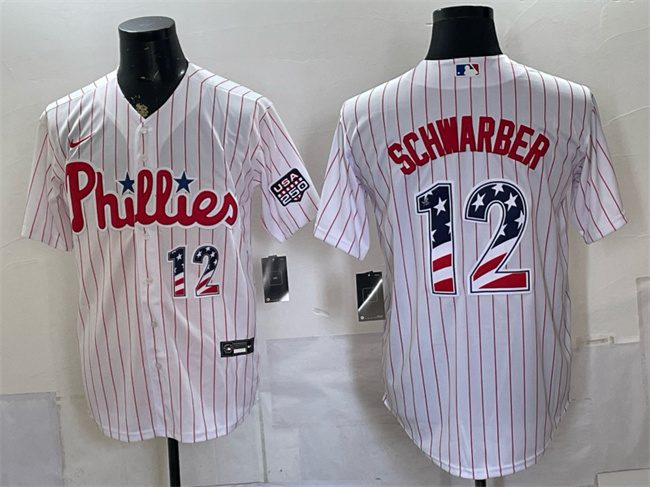 Men's Philadelphia Phillies #12 Kyle Schwarber White USA 250 Fourth of July Home Stitched Baseball Jersey
